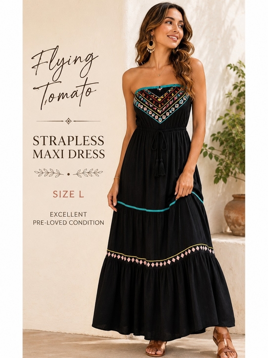 Flying Tomato Dresses & Skirts - Flying Tomato Strapless Boho Maxi Dress Size L Black Embroidered Tribal Print